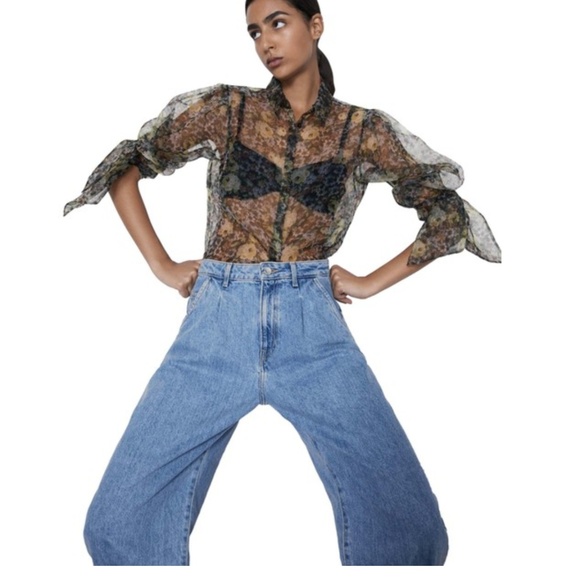 Zara Tops - ZARA Floral Print Semi Sheer Organza Blouse XS